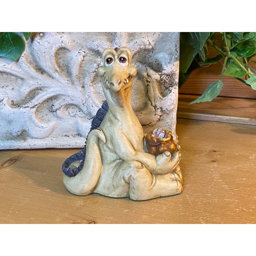 Vintage Dragon Figurine Holding Treasure Bag With Crystal Stoop the Dragon the World of