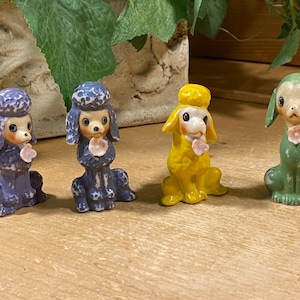 Vintage Colorful Painted Porcelain Dog Figurines - Set of 4 | Made In Japan | Blue, Yellow, Green Mini Dogs | Poodle | Cottagecore Decor