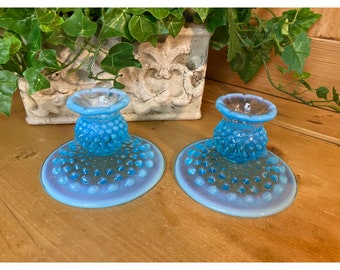 Vintage Fenton Blue Hobnail Glass Candle Holders - Set of Two | Cottagecore | Dotted Candlesticks | Midcentury Modern | Charming Table Decor