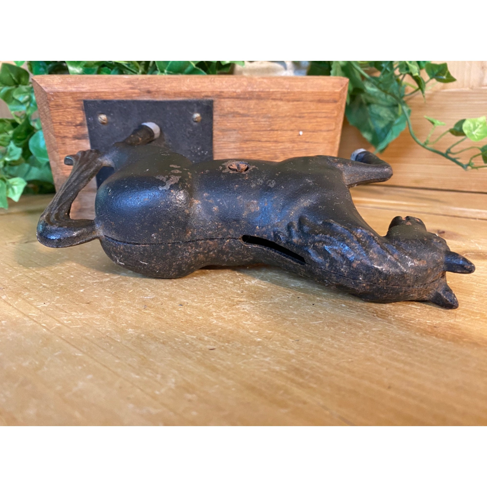 Vintage Black Cast Iron Horse Figurine Coin Bank on Wooden Etsy