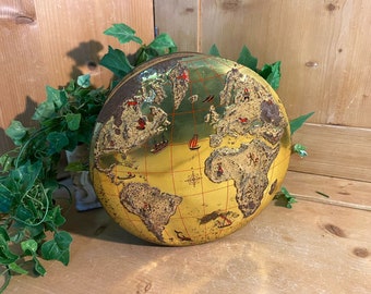 Vintage Tin: Raised Relief World Map | Vintage Advertising | Shabby Shic Decor | Academia Shelf Decor | Round Tin Box with Patina