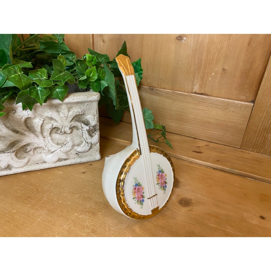 Porcelain Banjo Wall Pocket Planter Moyer Cottagecore White Vintage Planter W/ Handpainted Pink