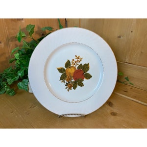 Vintage Enoch Wedgwood Decorative Plate | White Dinner Plate With Gold Trim and Fruit Pattern | MCM | Academia