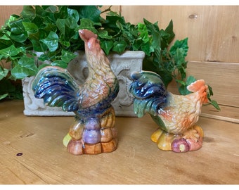 Lusterware Chicken Figurines - Set of 2  | Rooster Hen Glazed Ceramic Figures | Farmhouse Shelf Decor | Gift For Chicken Lovers