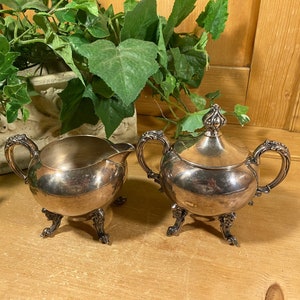 Vintage Silver Plated  Sugar Bowl + Cream Pitcher | Set of Two | Midcentury Modern | Silver Creamer and Sugar Bowl | Academia Table Decor