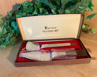 Vintage Burnco Mod Hostess Set | Stainless Steel + Rosewood Ice Cream Scoop and Cake Server | Midcentury Modern Serving Utensils In Box