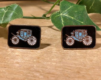 Vintage Royal Carriage Cufflinks - Set of 2 | Metal Cufflinks with Blue Enamel Victorian Carriages | Men's Fashion | Mens Jewelry