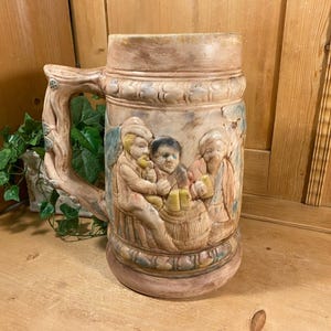 Vintage Oversized Chalkware Beer Stein with Raised Images | Men Drinking Beer Around A Barrel | Large Decorative Stein | Academia Barware