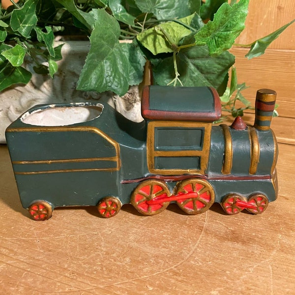 Vintage Green Ceramic Train Planter | Train Engine Shaped Planter | Academia Table Decor | Christmas Train Planter | Red, Green and Gold