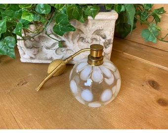 Vintage Fenton Coin Dots Glass Perfume Bottle w/ Atomizer | White On Clear Glass | Milk Glass | Cottagecore | Shabby Chic | Victorian