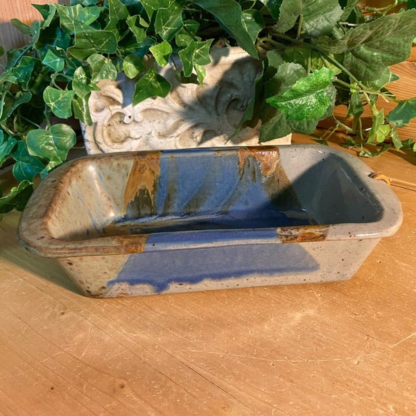 Vintage Art Pottery Bread Loaf Pan | Blue and Brown Glazed Ceramic Bread Pan | Bohemian Table Decor | Cottagecore | Rustic Boho Decor