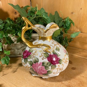 Vintage Hand-Painted Floral Pitcher | Nippon-Style Cottage Rose Decorative Vase Pitcher | Red, Pink Flowers w/ Gold Trim | Shabby Chic Decor