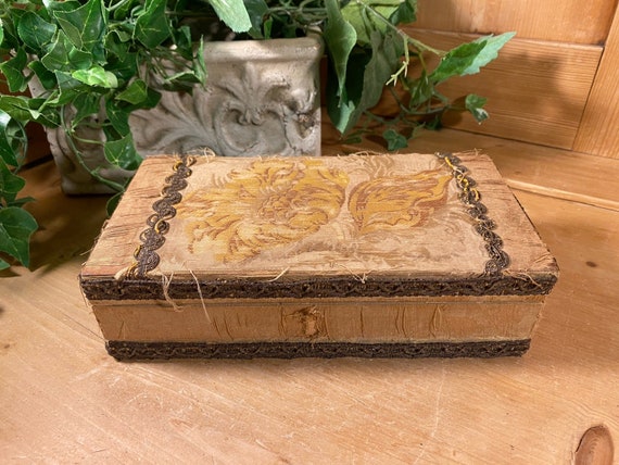 アンティーク雑貨 Floral Fabric Box . Antique Floral Fabric-covered Writing Box With Fancy Trim