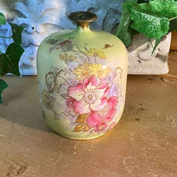 Vintage Green and Pink Floral Bud Vase | Small Pink and Green Flower Vase | Shabby Chic Table Decor | Floral Victorian Vase | Spring Decor