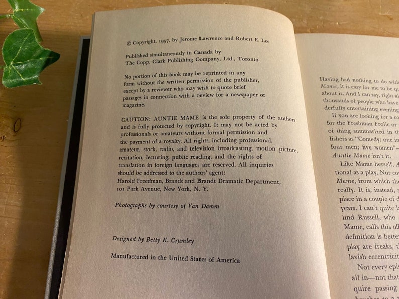 Vintage Auntie Mame Hardcover Book Play By Jerome Lawrence And Robert E Lee Novel By Patrick Dennis Copp Clark Publishing Company 1957 image 6
