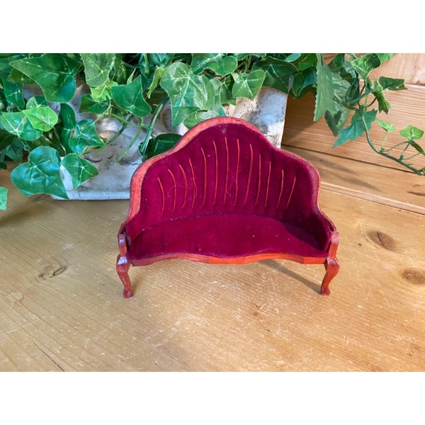 Vintage Dollhouse Red Velvet Setee | Queen Anne | Fancy Sofa | Miniature Furniture | Vintage Toys | Victorian Couch | Parlor Furniture