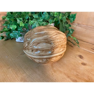 Vintage Handmade Glazed Pottery Walnut Trinket Bowl | Brown Nut Shaped Knick Knack Bowl w/ Cover  | Forestcore | 1975 | 1970s Arts & Crafts