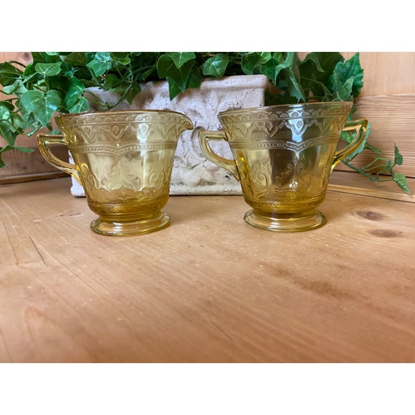 2 pc. Yellow Depression Glass  | Cream and Sugar | Federal Amber | Vintage Kitchenware | Cottagecore | Madrid, FL