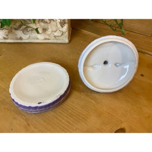 Vintage Porcelain Victorian Trinket Box | Woman In An Elegant Purple Ballgown | Shabby Chic | Made In Germany | Vanity or Dresser Decor image 6