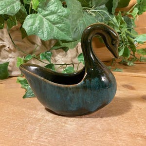 Vintage Pottery Swan Planter | Blue Mountain Pottery | Black and Green | Cottagecore Table Decor | Swans | Swan (no wings) Pottery Planter