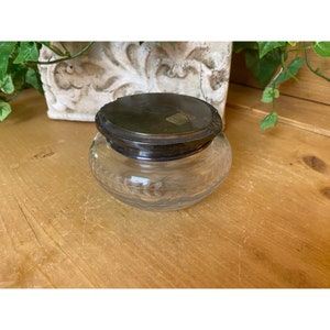 Vintage Etched Glass Dresser Jar with Silver Metal Lid | Clear Glass Jar with Starburst Pattern | Victorian Dresser Decor | Shabby Chic