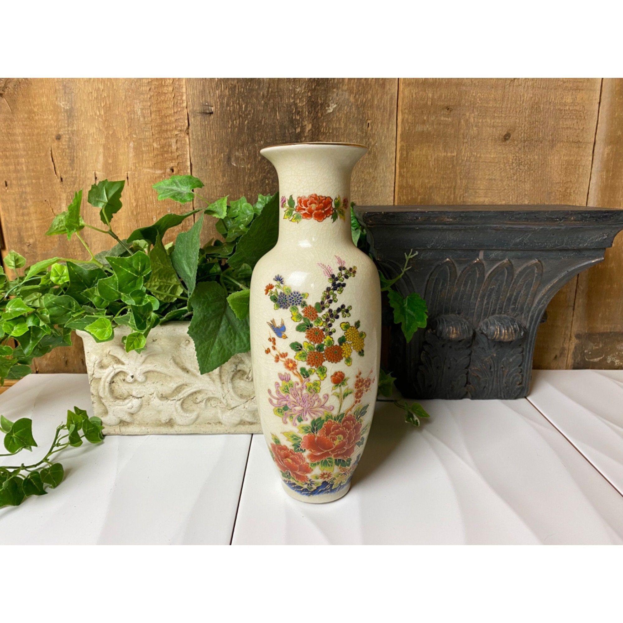 Vintage Orange Floral + Bird Pottery Vase | Made in Japan | Asian