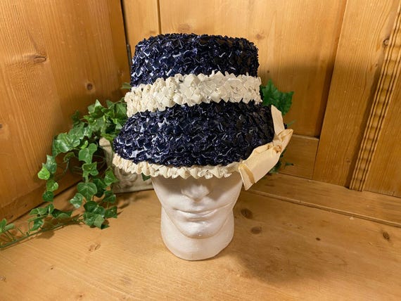 Vintage Blue Cello Straw Hat with Ivory Trim | Ri… - image 3