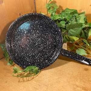 May include: A black speckled enamelware frying pan with a long handle. The pan is round and has a speckled pattern of white dots on a black background. The pan is displayed on a wooden surface with green foliage.