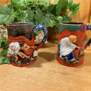 Antique Japanese Sumida Gawa Mugs -Set of 2 | Indue Ryosai Pottery | Asian | Vintage Glazed Pottery Art Mugs with 3D Figures | Academia