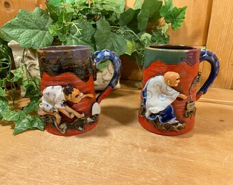 Antique Japanese Sumida Gawa Mugs -Set of 2 | Indue Ryosai Pottery | Asian | Vintage Glazed Pottery Art Mugs with 3D Figures | Academia