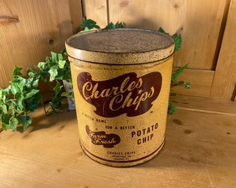 Vintage Tin: Charles Chips Tin | Vintage Advertising | Calhoun, KY | Farmhouse Kitchen Shelf Decor | Cottagecore | Round Chip Tin w/ Patina