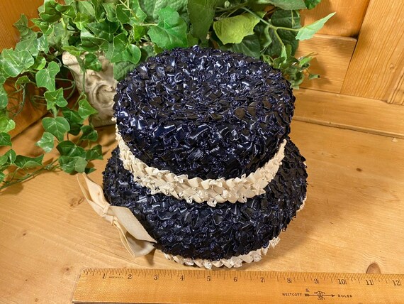 Vintage Blue Cello Straw Hat with Ivory Trim | Ri… - image 8