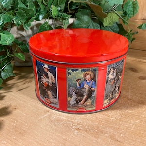 Vintage Tin: Coca Cola | Red Round Tin Canister with Coke Ad Paintings | Retro Coca-Cola Tin | Vintage Advertising | Farmhouse Shelf Decor