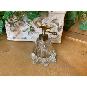 Vintage Ornate Glass Perfume Bottle | Cottagecore | Clear Cut Glass Bottle with Brass Colored Flower Accent and Atomizer Stem (no bulb)