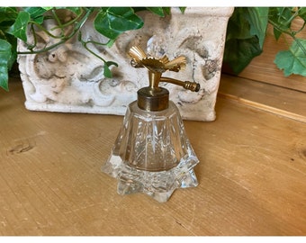 Vintage Ornate Glass Perfume Bottle | Cottagecore | Clear Cut Glass Bottle with Brass Colored Flower Accent and Atomizer Stem (no bulb)