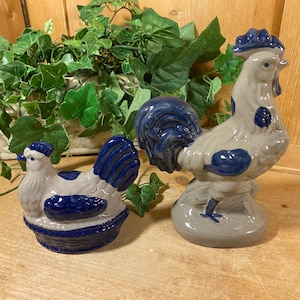 Vintage Salt Glazed Stoneware Hen and Rooster Set | Beaumont Brothers Pottery | BBP | Farmhouse Kitchen Decor | Blue/Gray Chicken Figurines