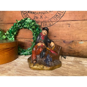 Vintage Plaster Man on Bench with Birds Sculpture | Figurines and Sculptures | Vintage Living Room Decor | Man and Bird Sculpture