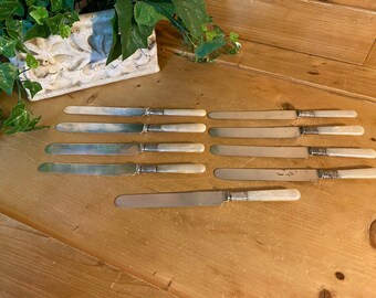 Vintage Mother of Pearl Handle Knives - Set of 9 | A. R. Justice & Co. | Antique Table Knife Set | Victorian Flatware