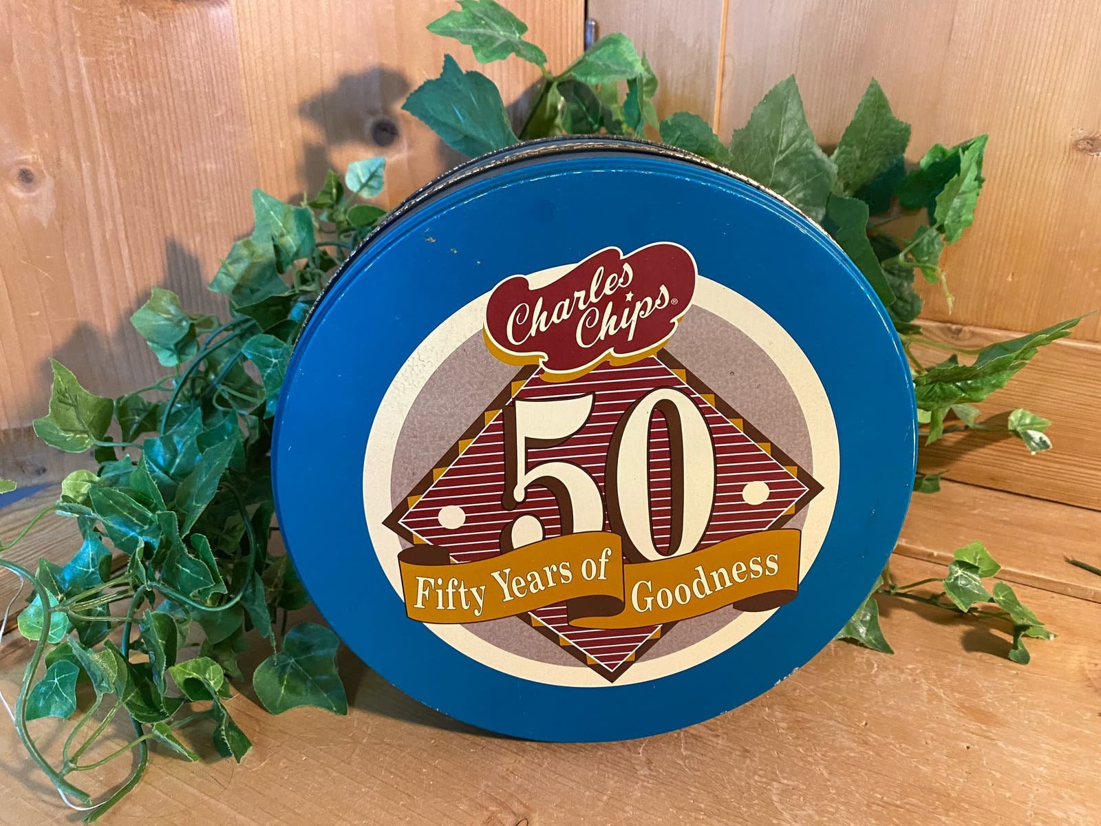 Vintage Tin: Charles Chips 50 Years Blue Tin  | #1 | Vintage Advertising | Musser's Chips | Cottagecore Kitchen Decor | Chip TIn with Patina
