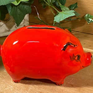 Vintage Red Ceramic Piggy Bank | Glazed Ceramic Pig Bank | &quot;David&quot; | Ceramic Coin Bank | Kids Piggy Bank | Pig Shelf Decor | Pig Collector