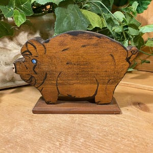 Vintage Carved Wooden Pig Figurine | Wood Pig Figure | Rustic Farmhouse Shelf Decor |  Quirky Brown Wood Pig Figurine | Cottagecore Decor