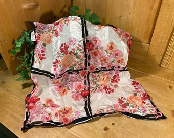 Vintage Oscar de la Renta Floral Silk Scarf | Designer Pink Flowered Windowpane Scarf | Retro Womens Fashion | Cottage Floral Scarf