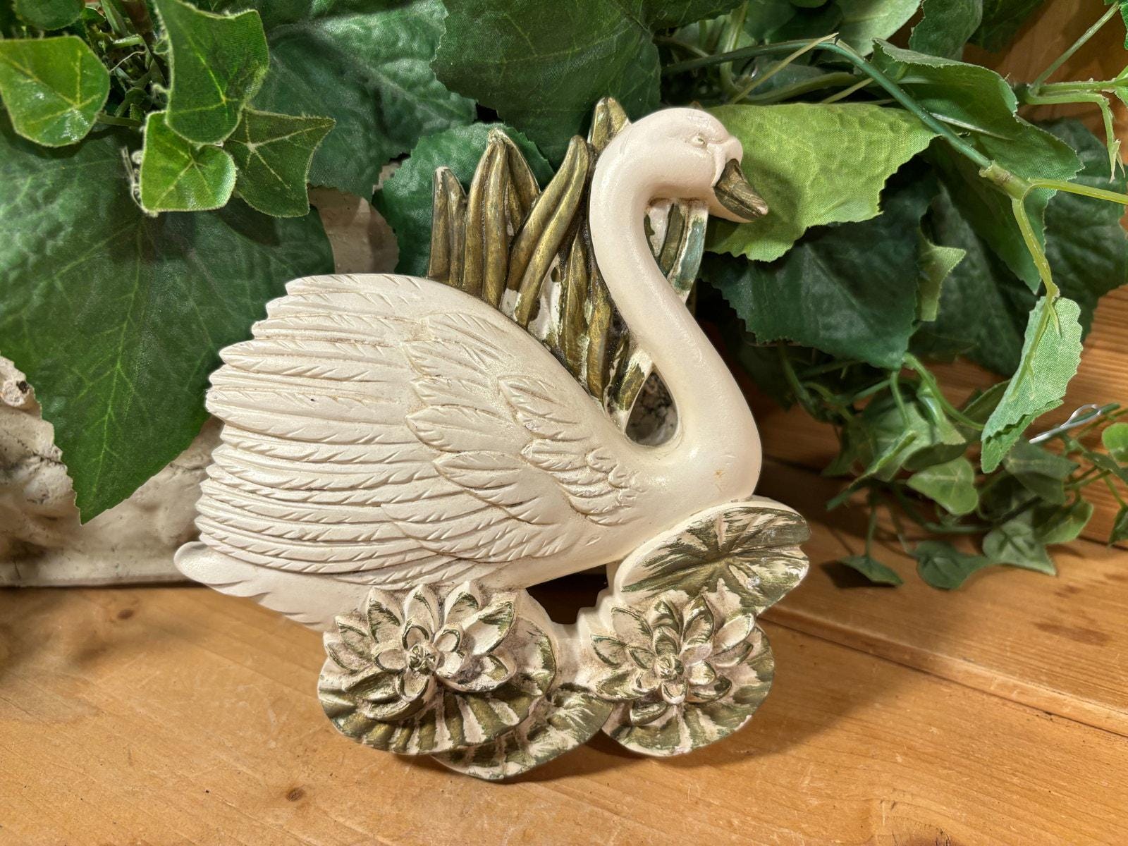 Vintage White Swan Plaster Plaque | White Swan on Green Lily Pad