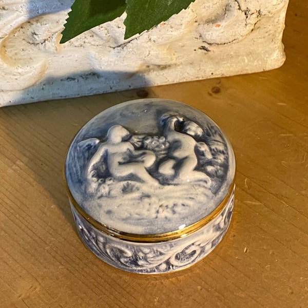 Vintage Blue and White Cherub Trinket Box | Capodimonte Round Dresser Box  | Shabby Chic Decor | Victorian Dresser Box | Cherubs Decoration