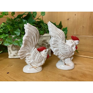 White Gold Red Chicken Figurines - Set of 2  | Rooster Hen Glazed Ceramic Figures | Farmhouse Shelf Decor | Gift For Chicken Lovers