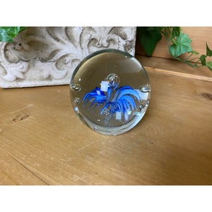 Vintage Blue Flower Art Glass Paperweight | Floral, Cottagecore | Vintage Desk Decor | Round Glass Figure