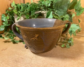 Vintage Handmade Stoneware Bowl with Two Handles | Studio Art | Blue and Brown Glazed Pottery Bowl | Rustic Farmhouse Table Decor | Boho