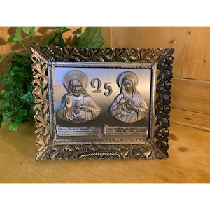 Vintage Metal Wall Plaque of Jesus and Mother Mary In Ornate Frame | 25 | Catholic | Blessing Plaque | Religious | Prayer | Christian
