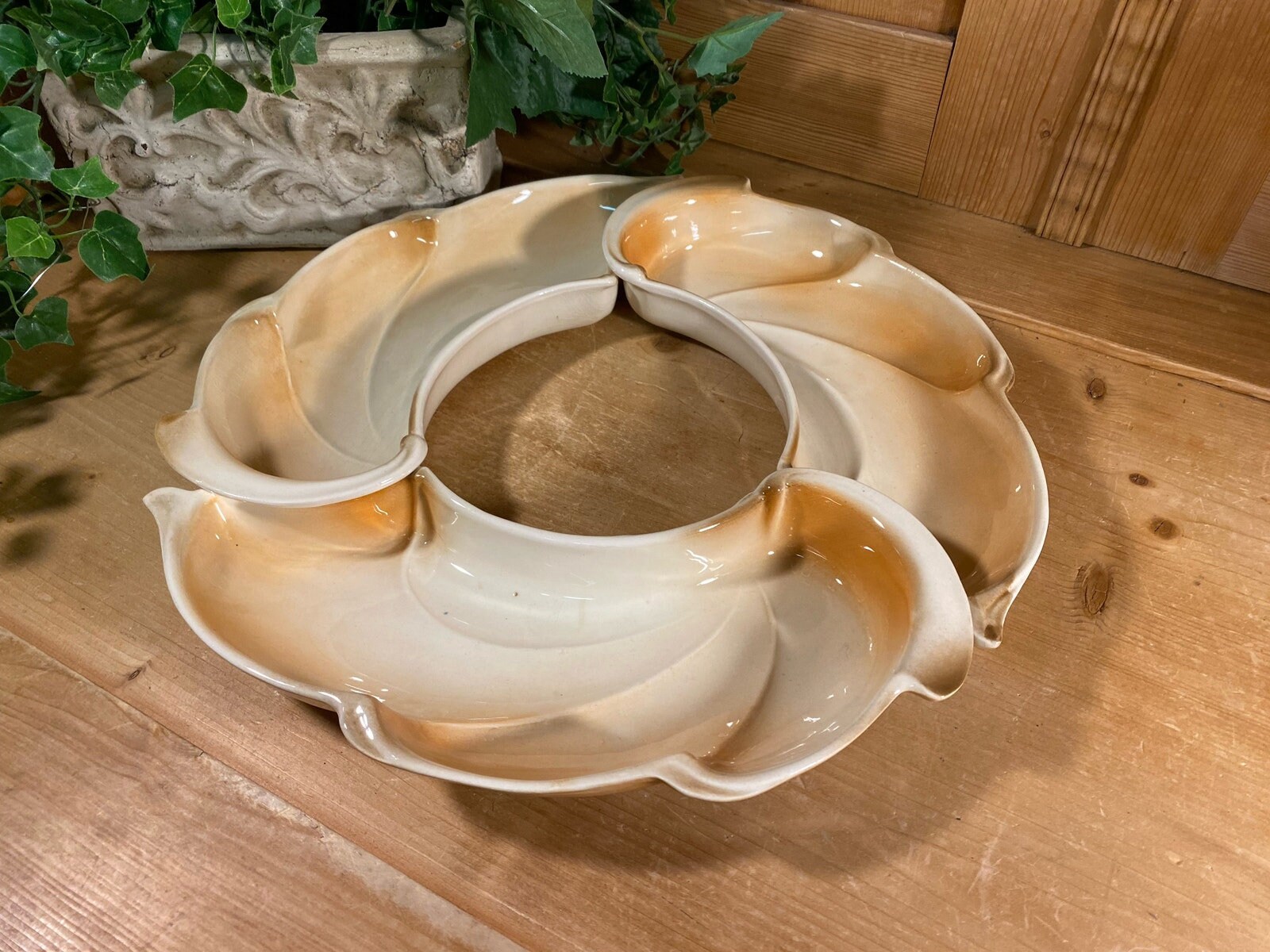 Vintage 3 pc. Ceramic Segmented Chip and Dip Bowl | Lane and Co. | Midcentury Modern Kitchen | Scalloped Serving Bowl Set | MCM Table Decor