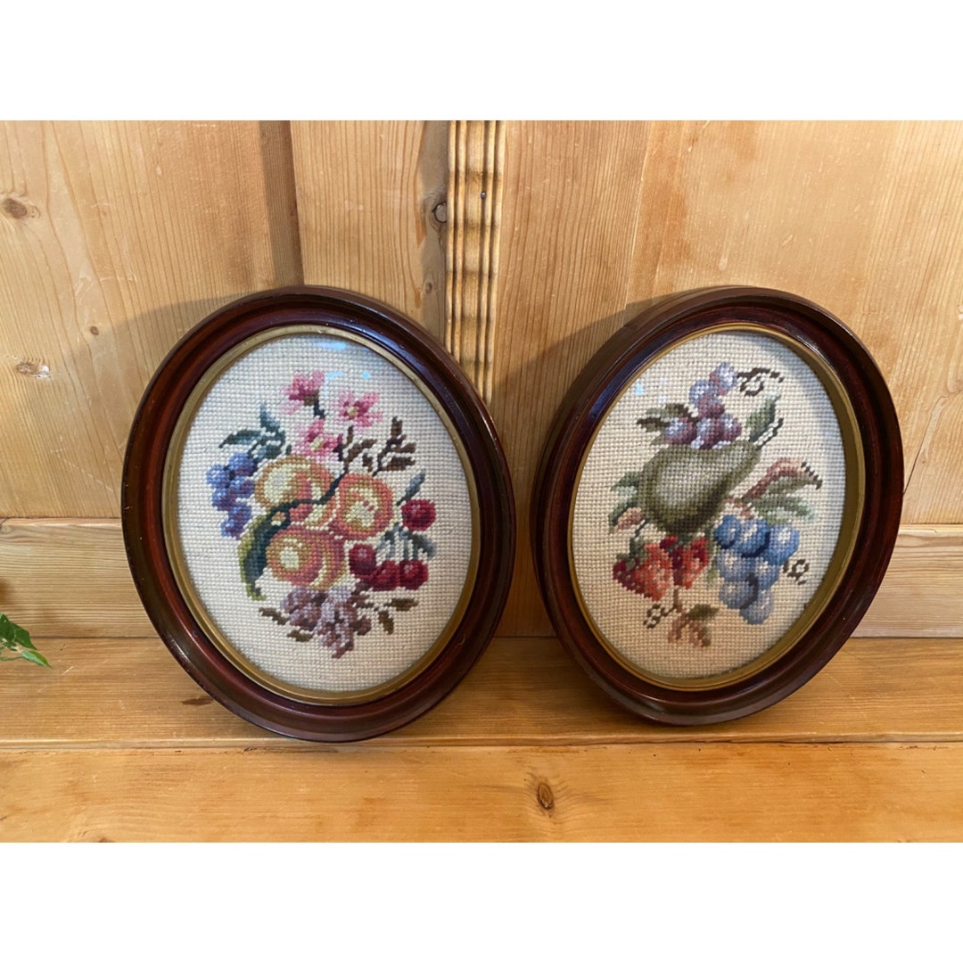 Antique Oval Wooden Picture Frames With Floral Fruit Needlework Set of
